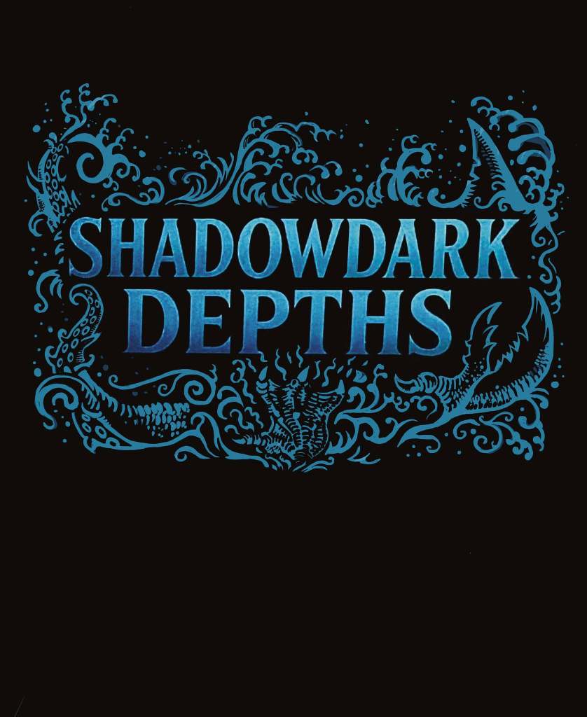 Cover art for 'Shadowdark Depths,' featuring intricate blue waves, sea creatures, and bold text against a black background.