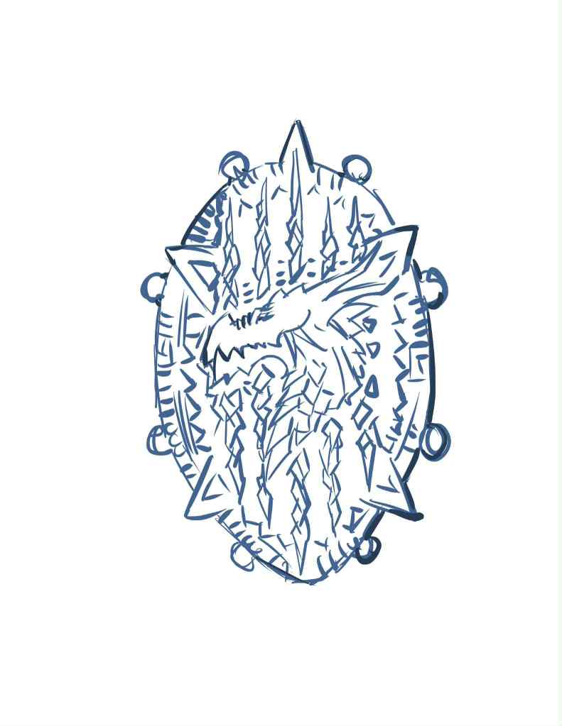 A blue and white illustration of a shield featuring a dragon's head design with spikes around the edge.