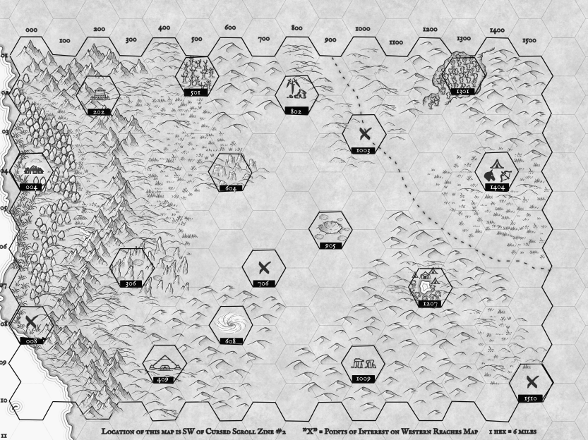 Map detailing the locations of interest in the Western Reaches, featuring hexagonal grids and marked points for exploration.