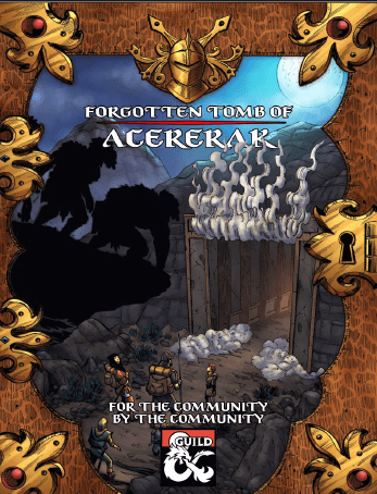Cover art for 'Forgotten Tomb of Acererak' featuring an ancient tomb with mystical elements and adventurers preparing to explore.