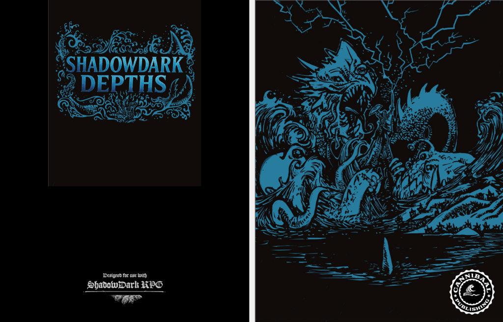 Cover illustration of 'Shadowdark Depths' featuring intricate line art of mythical sea creatures and a dark, stormy backdrop.