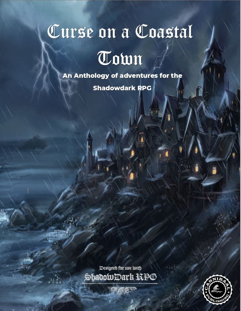 Cover image for 'Curse on a Coastal Town', an anthology of adventures for the Shadowdark RPG, featuring a dark coastal scene with a stormy sky and ominous buildings illuminated from within.