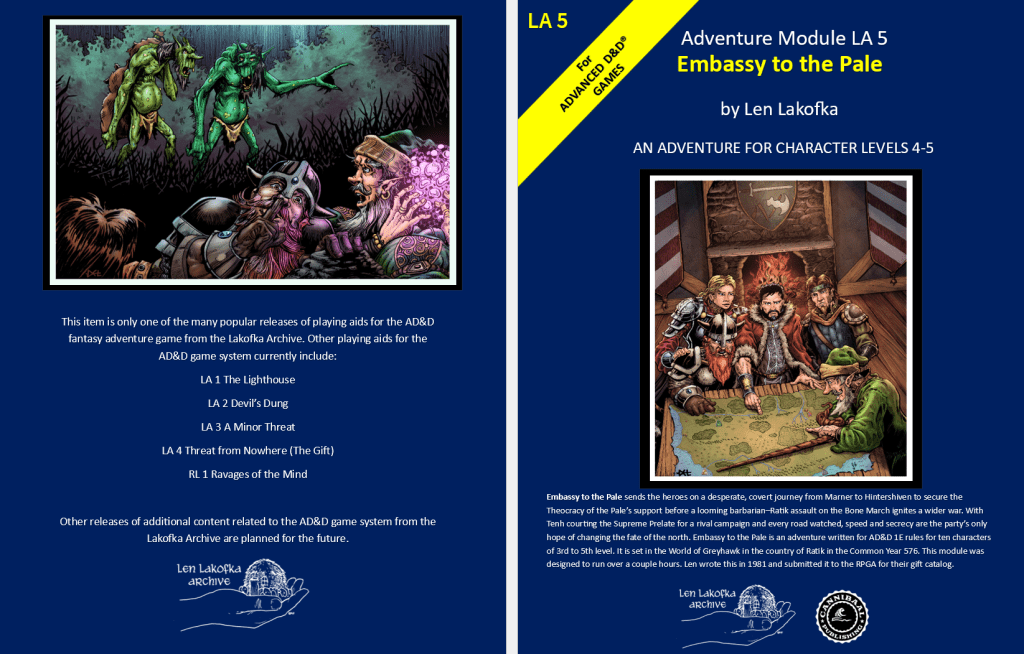 Cover art for the adventure module 'Embassy to the Pale,' featuring a detailed illustration of characters in a fantasy setting, including a map and a shield in the background.