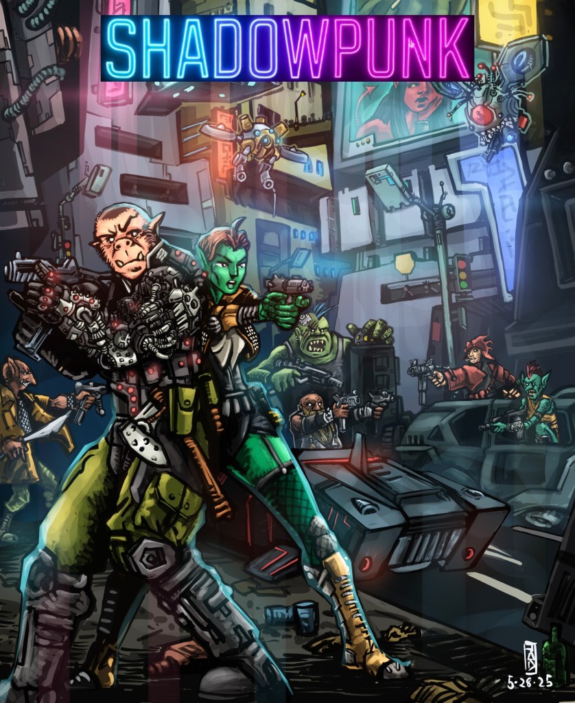 A vibrant comic-style illustration featuring anthropomorphic characters in a futuristic urban setting, holding weapons and posing heroically, with neon signage reading 'SHADOWPUNK' at the top.