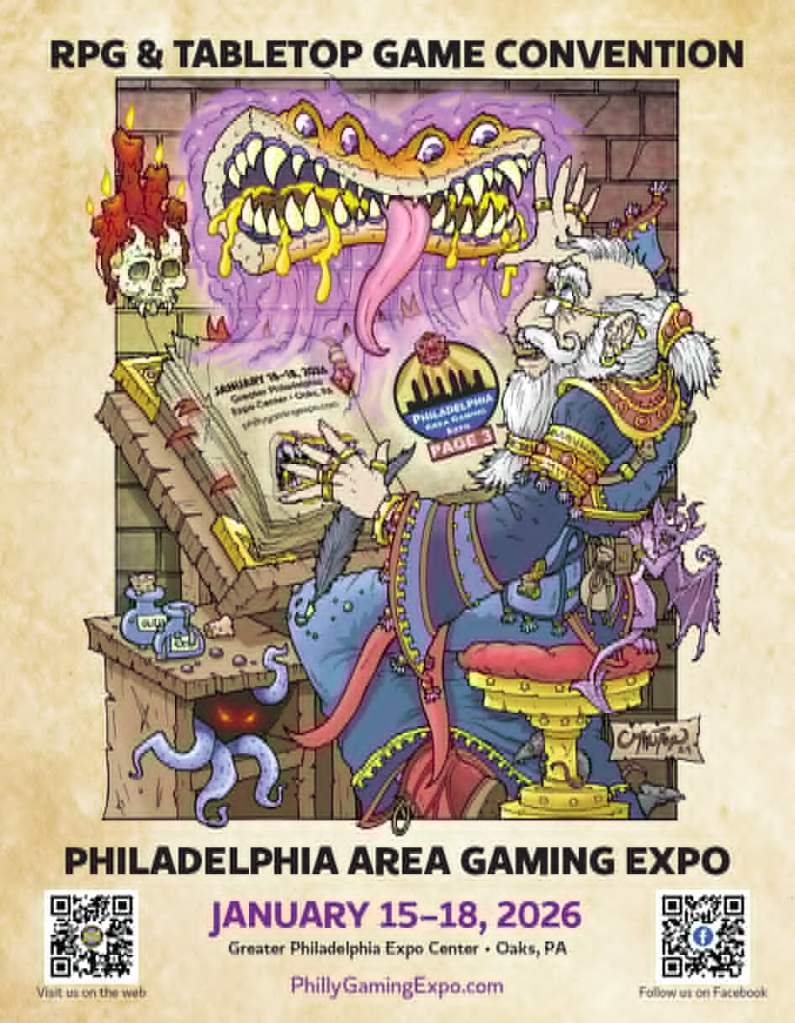 A whimsical illustration of a wizard at a desk surrounded by magical creatures and objects, promoting the Philadelphia Area Gaming Expo taking place from January 15-18, 2026.