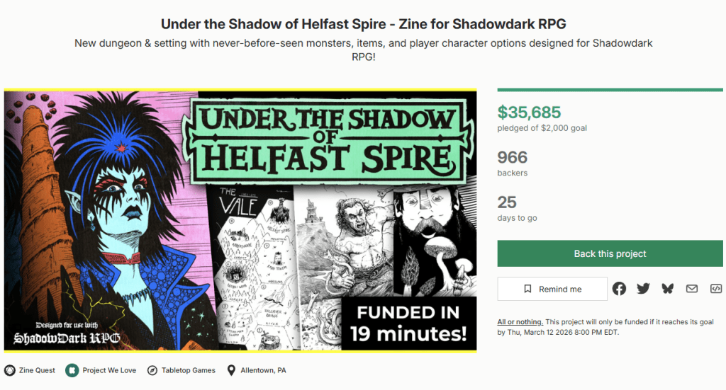A promotional image for the 'Under the Shadow of Helfast Spire' zine for the Shadowdark RPG, featuring colorful artwork of characters, monsters, and the project's funding details, including a total of $35,685 pledged, over a $2,000 goal.