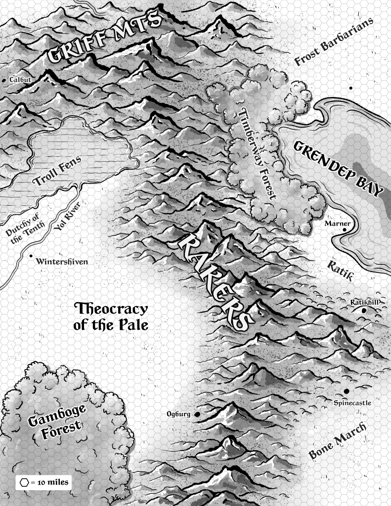 Detailed black and white map featuring mountainous regions labeled as Griff Mountains and Rakers, alongside forests such as Gamboge and Timberway. Notable locations include Grendep Bay, Ratik, and various geographic features within a hexagonal grid layout.