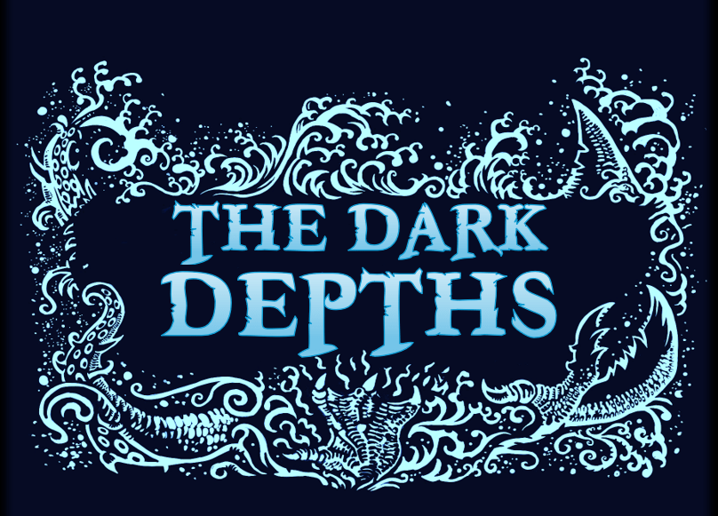 Illustration featuring the title 'THE DARK DEPTHS' surrounded by stylized ocean waves and marine elements.