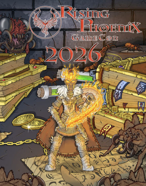 A fantasy-themed illustration for Rising Phoenix GameCon 2026, featuring a character wielding a flaming sword, surrounded by treasure chests, gold coins, and mythical creatures in a dungeon setting.