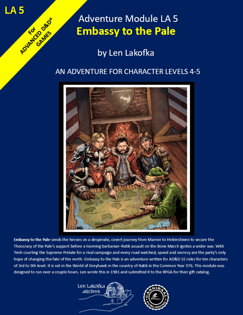 Cover of Adventure Module LA 5 'Embassy to the Pale' by Len Lakofka, featuring a detailed illustration of characters preparing for a quest in a medieval setting.