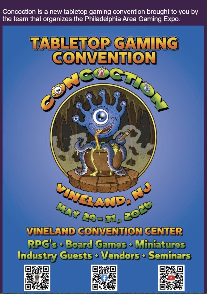 Promotional poster for the Concoction tabletop gaming convention featuring a cartoon monster with one eye, set against a colorful background. The event details include location in Vineland, NJ, and dates from May 29-31, 2026. Additional text mentions RPGs, board games, miniatures, industry guests, vendors, and seminars.