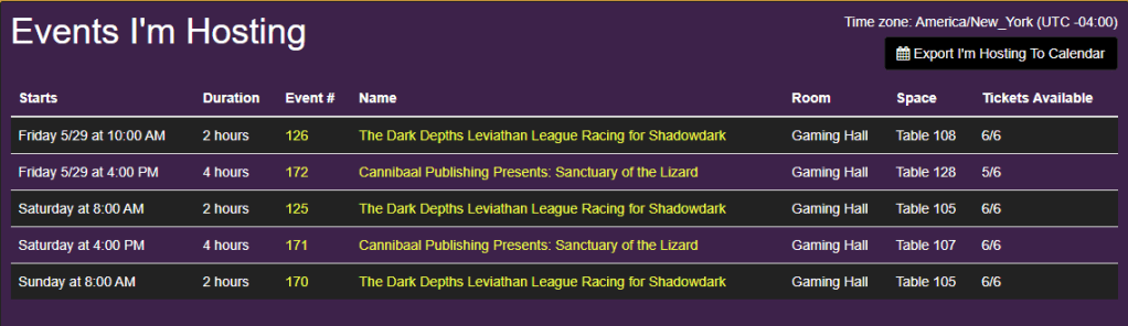 Schedule of events being hosted, including titles, start times, durations, room details, and ticket availability.