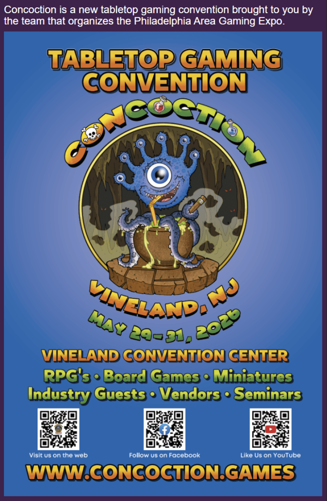 Promotional poster for the Concoction tabletop gaming convention, featuring a cartoon monster and details including the event date, location in Vineland, NJ, and various activities like RPGs, board games, and seminars.