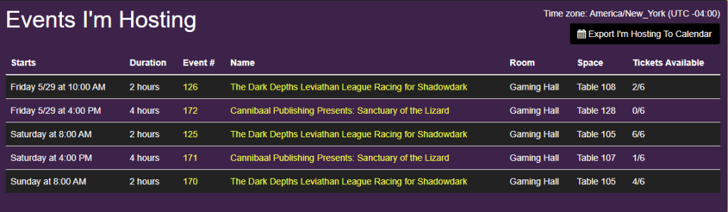 Table listing events being hosted, including start times, durations, event numbers, names, locations, table numbers, and available tickets.
