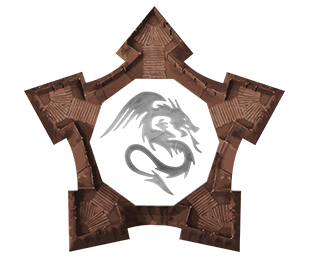 A star-shaped design featuring a textured brown background with a central silver dragon emblem.