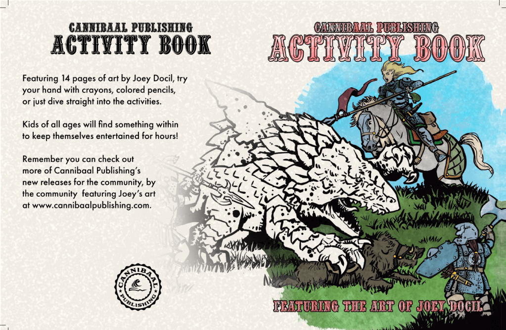 Cover of Cannibaal Publishing's activity book featuring illustrations by Joey Doci, showcasing a fantasy scene with characters on horseback and a large creature in a grassy landscape.