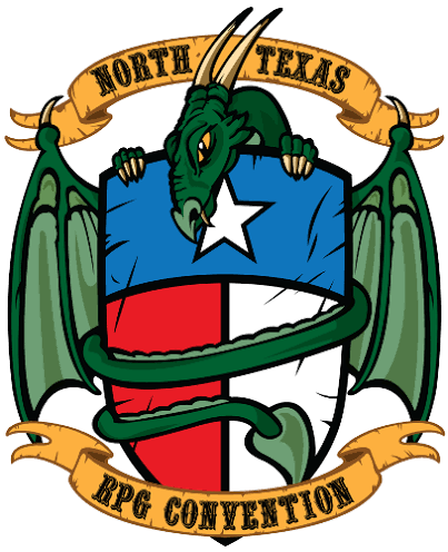 Logo for North Texas RPG Convention featuring a green dragon holding a shield with the Texas state flag colors.