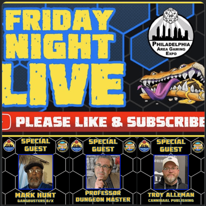 Promotional graphic for 'Friday Night Live' featuring a cartoon dragon and text inviting viewers to like and subscribe. It highlights special guests Mark Hunt, Professor Dungeon Master, and Troy Alleman.