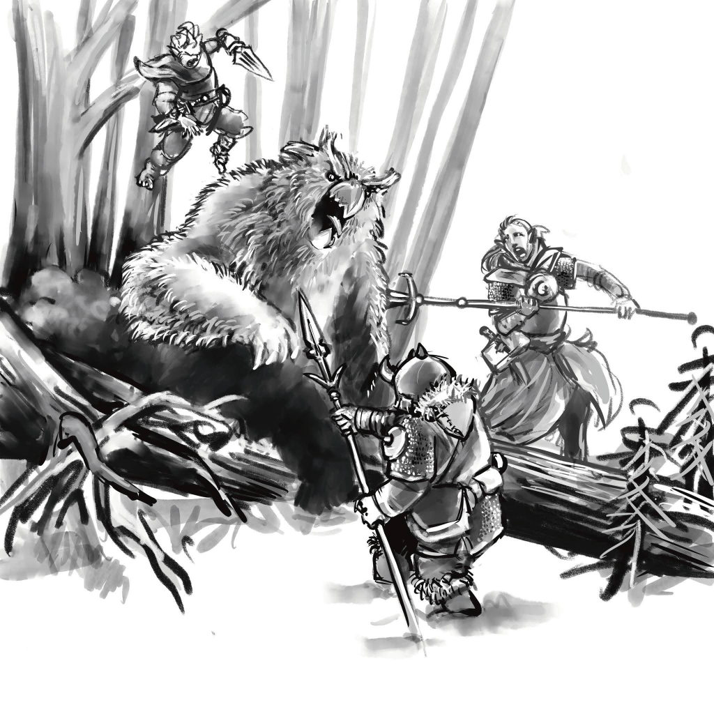 A high-action scene depicting a fierce battle between armored warriors and a large, roaring bear in a forest setting. One warrior is leaping from a tree, while two others confront the bear with spears near fallen logs and dense foliage.