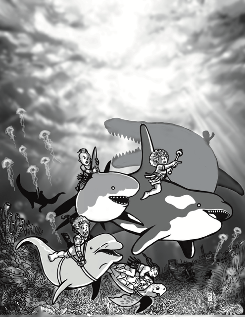 An underwater scene featuring kids riding various sea creatures like sharks and dolphins, with jellyfish and coral in the background.