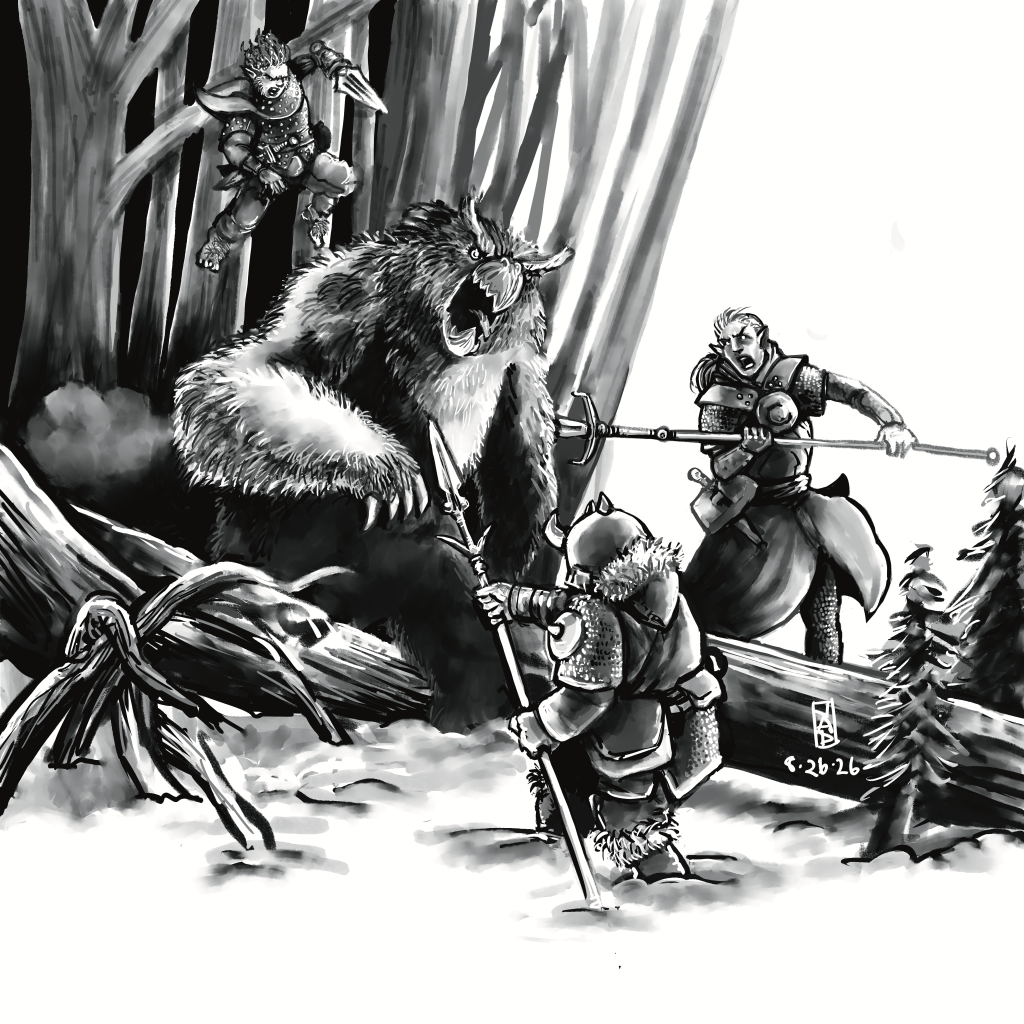 A black and white illustration depicting a fierce battle between two armored warriors and a large bear in a snow-covered forest. One warrior is poised to attack with a spear, while another appears to be leaping from a tree branch above. The scene conveys tension and movement amidst trees and fallen logs.