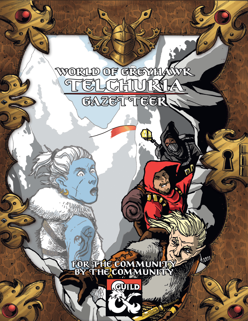 Cover of the 'World of Greyhawk: Telchuria Gazetteer' featuring illustrations of diverse characters, including an icy figure and an adventurer in a red cloak, framed by ornate designs.