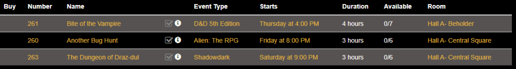 Table listing three gaming events with details including event names, types, start times, durations, availability, and room locations.
