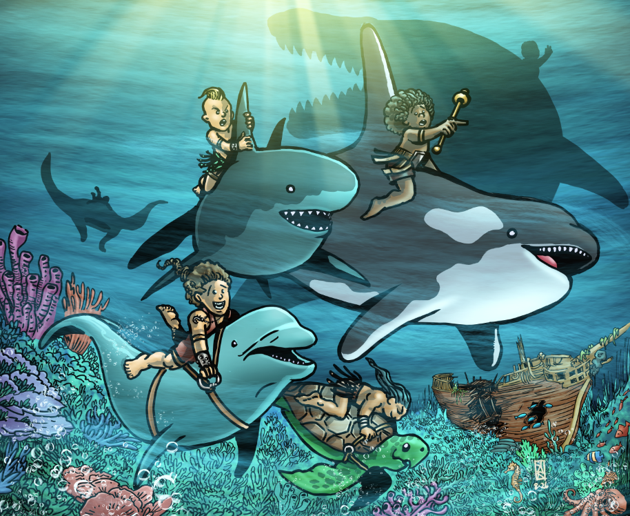 A whimsical underwater scene depicting children riding dolphins and orcas, exploring colorful coral reefs with a sunken ship in the background. The children hold spears and appear adventurous as they interact with marine life.