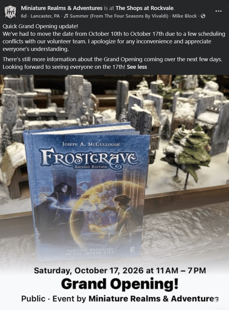Promotional image for the Grand Opening of Miniature Realms & Adventures at The Shops at Rockvale, featuring the game 'Frostgrave' in front of miniature display. The event is scheduled for October 17, 2026, from 11 AM to 7 PM.
