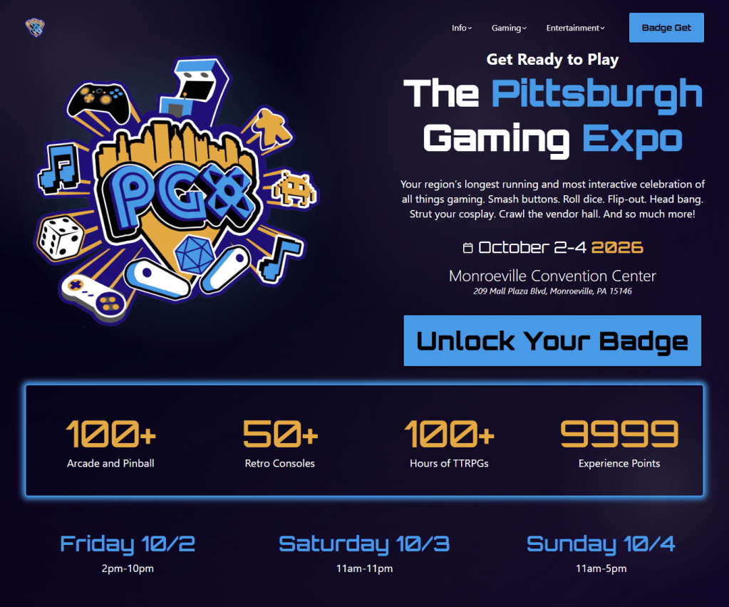 Promotional graphic for the Pittsburgh Gaming Expo featuring the event logo with gaming icons, dates, location details, and information about activities and experiences.