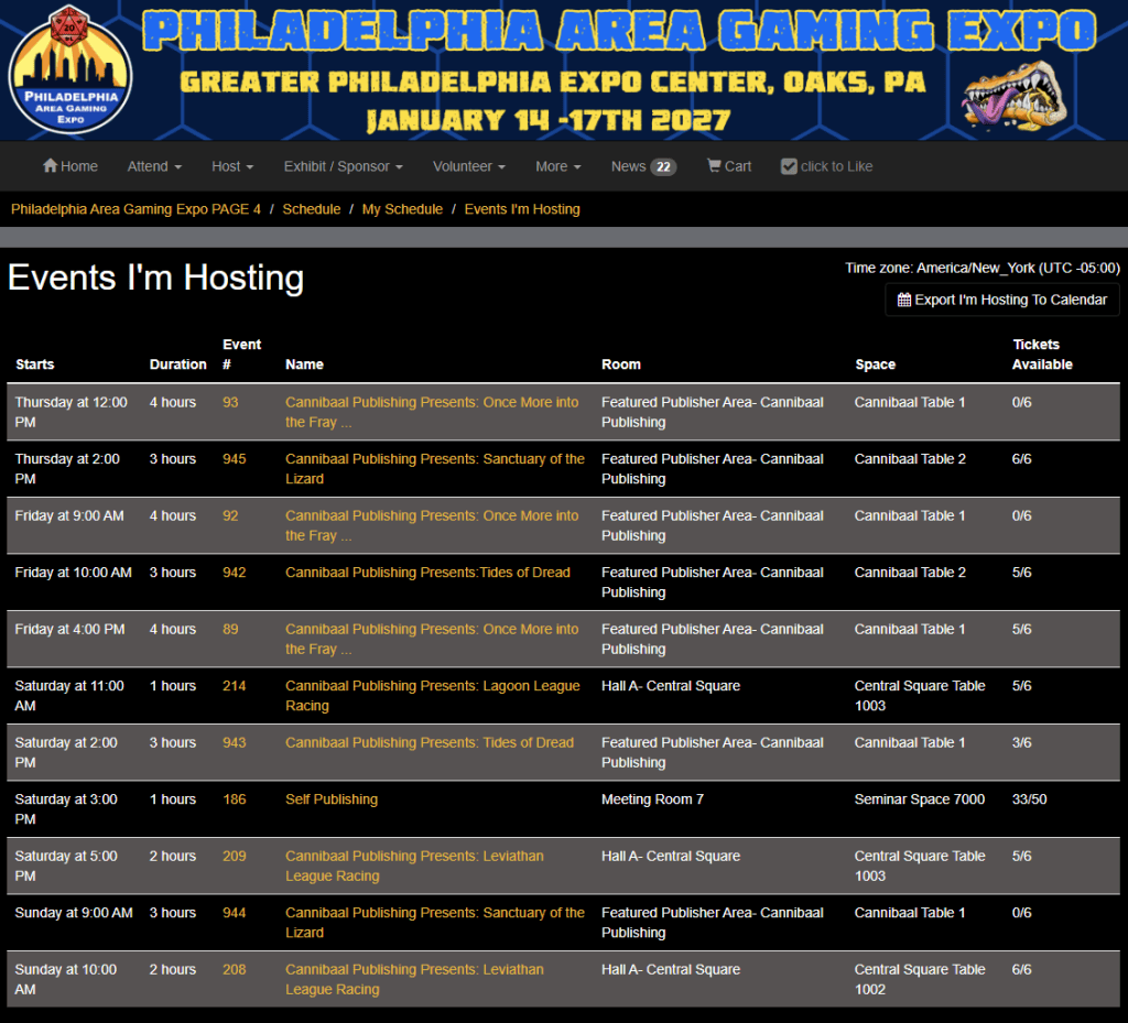 Schedule of events for the Philadelphia Area Gaming Expo, listing various gaming sessions hosted by Cannibaal Publishing from January 14 to 17, 2027.
