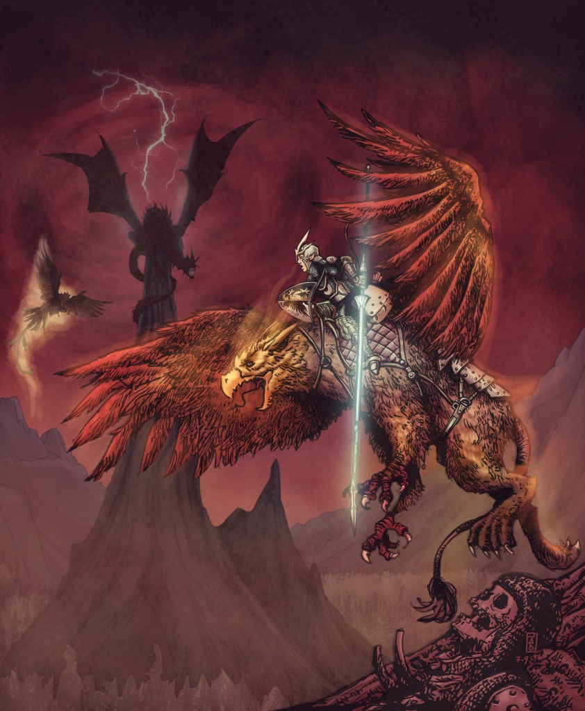 A knight in armor rides a majestic griffin, holding a sword, against a dramatic red backdrop with lightning. In the distance, a dark dragon looms over jagged mountains, adding to the fantastical scene.
