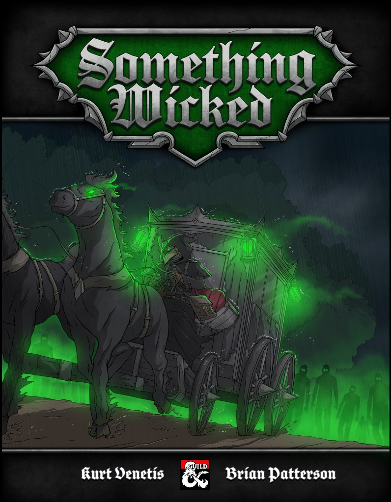 A dark and eerie illustration featuring a horse-drawn carriage emitting green light, against a stormy background, with ominous figures in the shadows.