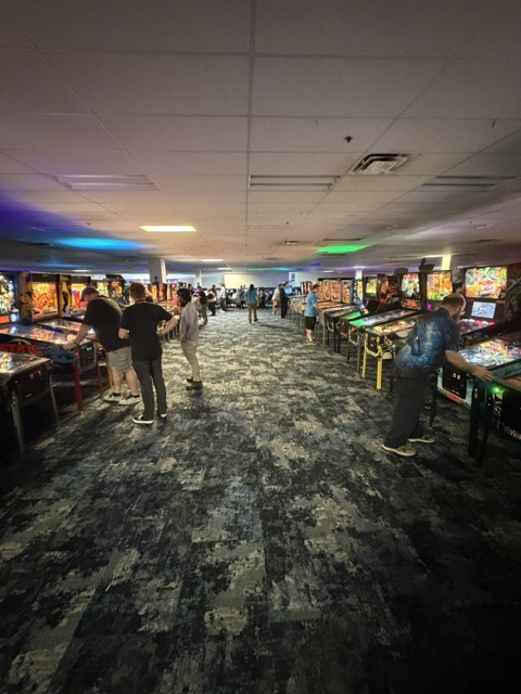 A spacious arcade room filled with numerous pinball machines. Several people are playing or observing pinball games, with colorful lights illuminating the scene.