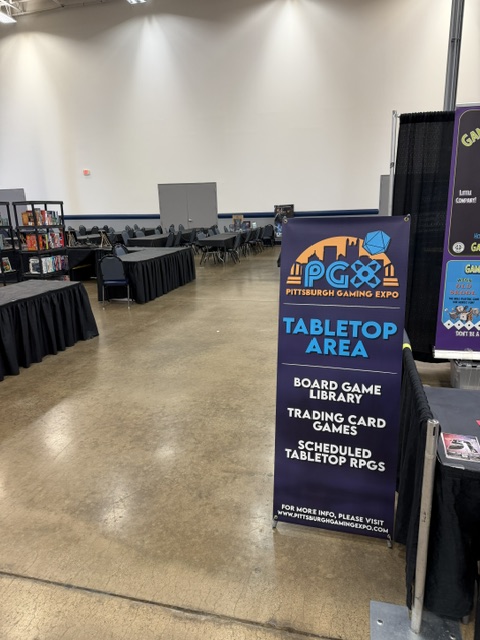 A banner for the Pittsburgh Gaming Expo, featuring the Tabletop Area with text about the board game library, trading card games, and scheduled tabletop RPGs.