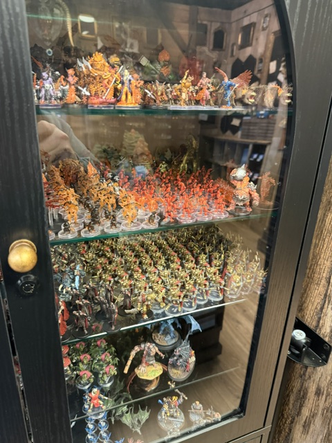 A display cabinet filled with various painted miniatures, showcasing vibrant colors and intricate details, organized across multiple shelves.