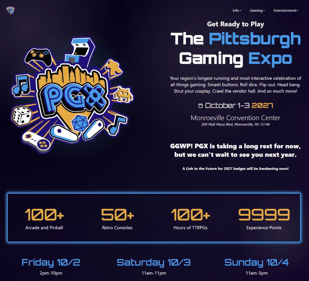 Promotional graphic for The Pittsburgh Gaming Expo featuring gaming-themed icons such as controllers, arcade machines, and dice, with event details including dates and location.
